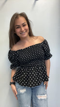 Load image into Gallery viewer, Polka dot peplum on/off the shoulder
