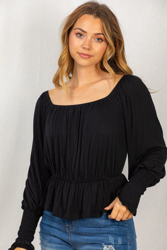 ON/off the shoulder black smocked shirt