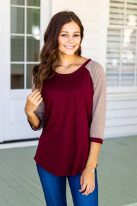 Maroon body with taupe striped raglan t