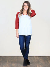 Load image into Gallery viewer, White v neck raglan with garnet sleeves