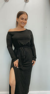 Black on/ off shoulder side slit black dress