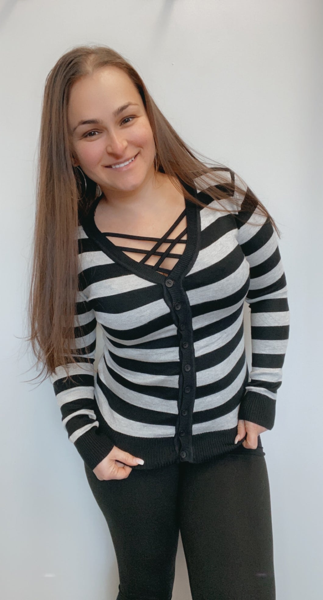 Button down black and grey striped cardigan