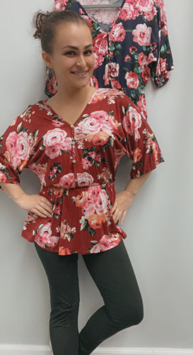 Kimono sleeve floral peplum button top