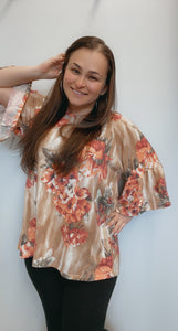 Floral print french terry ruffle sleeve tunic