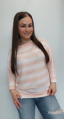 Peach striped boat neck 3/4 sleeve top