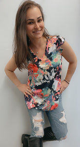 Navy and coral floral ruffle sleeve shirt