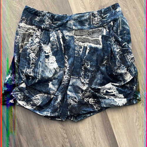 Navy patchwork denim harem shorts