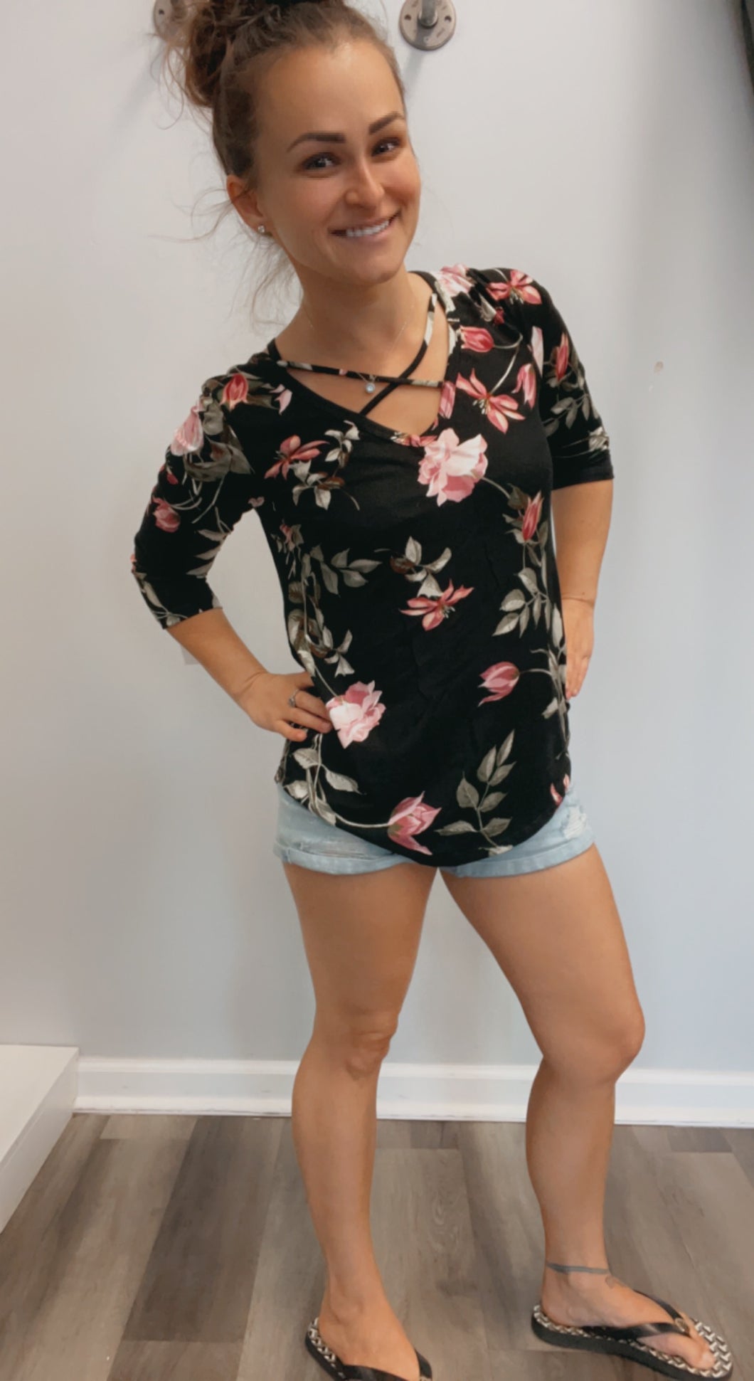 Floral criss cross v neck