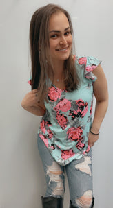 Mint and pink floral ruffle sleeve shirt