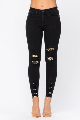 Black mid rise Judy blue leopard patch skinny jeans